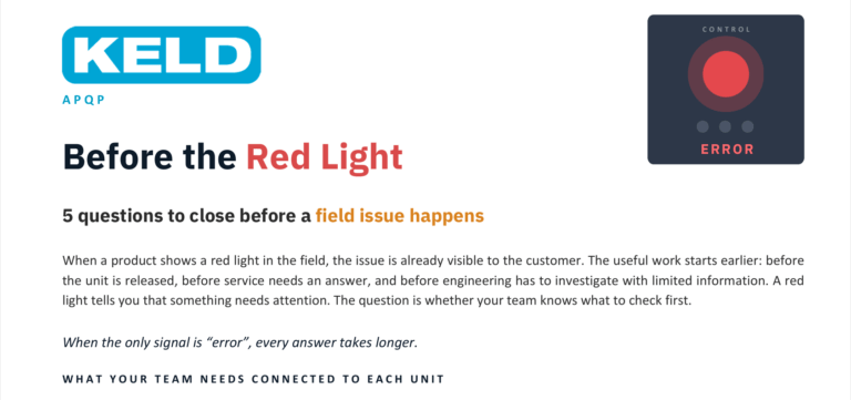 OEM control unit linked to unit history, lot and version, test data, field context and team response — decided before production.